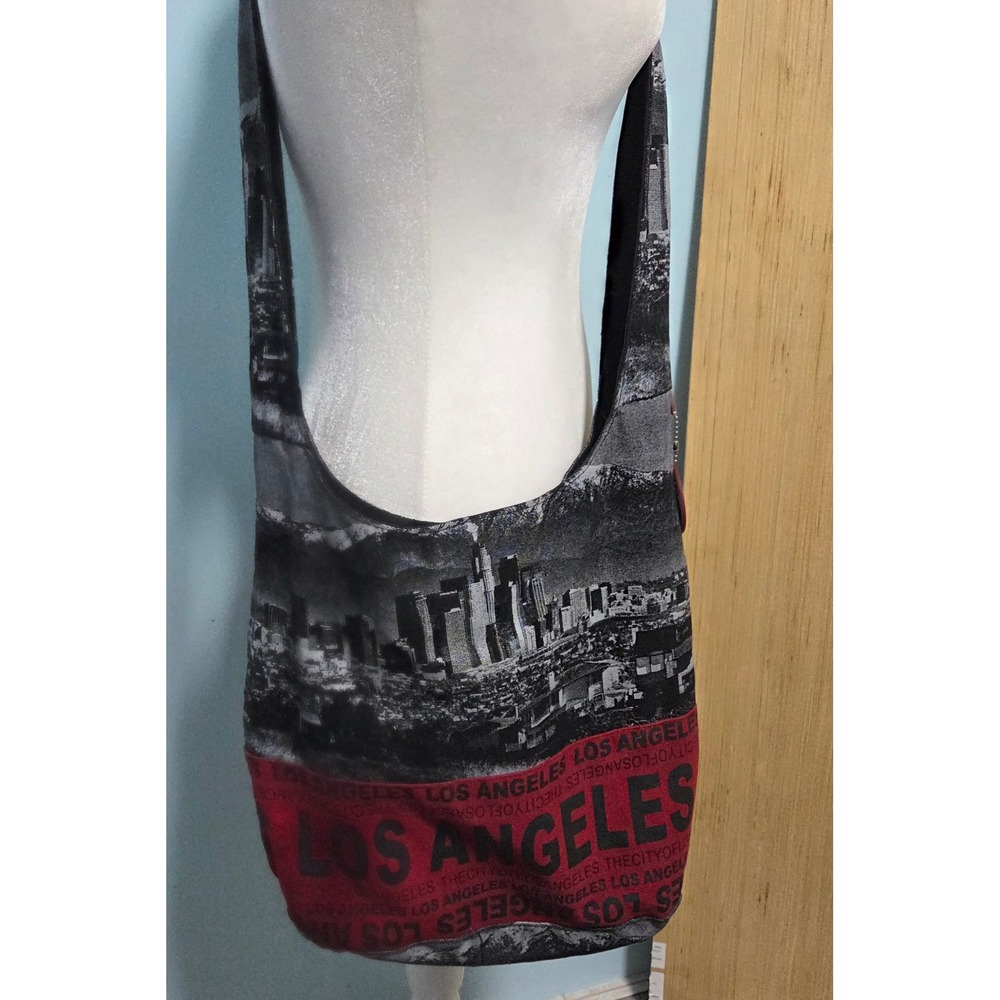 Robin Ruth Los Angeles Canvas Hobo Bag Skyline Print Black Red Crossbody
